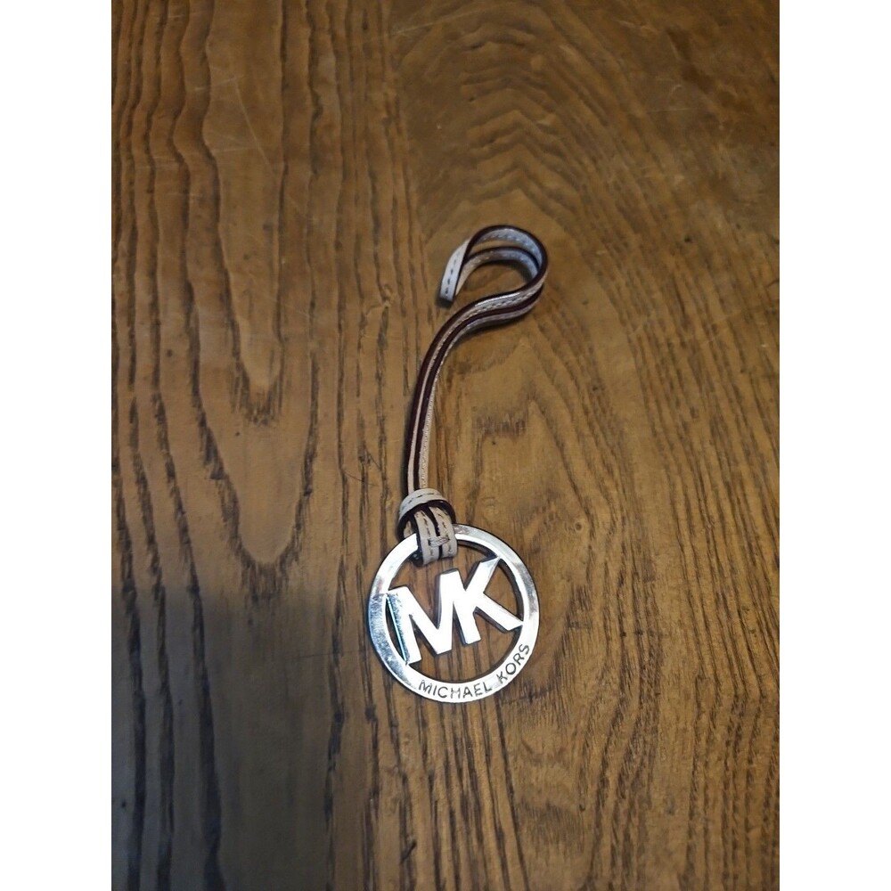 Michael Kors Silver MK Logo Keychain with Brown Leather Strap